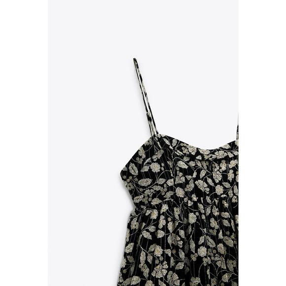 NEW ZARA Printed Jumpsuit with Metallic Thread Floral Gold Romper Babydoll XXL - Picture 5 of 8